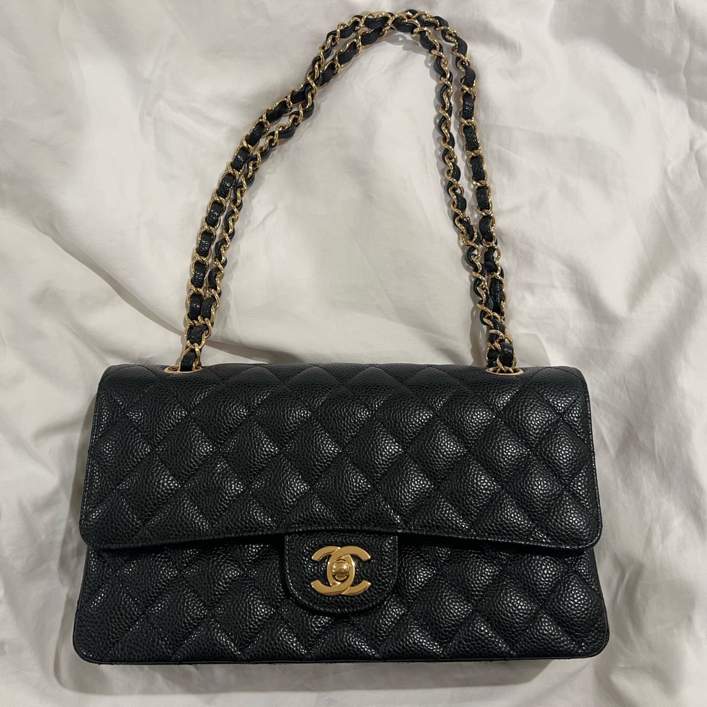 Chanel Small Classic double flap Black Caviar leather gold hardware